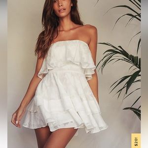 Lulu’s True Lover White Burnout Floral Ruffled Strapless Mini Dress